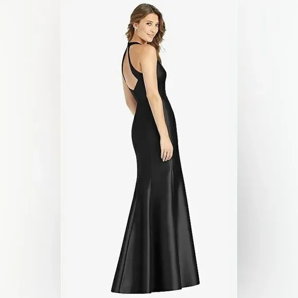 Alfred Sung V-neck Halter Satin Trumpet Gown D761 | Size 2 | Black - Picture 2 of 8